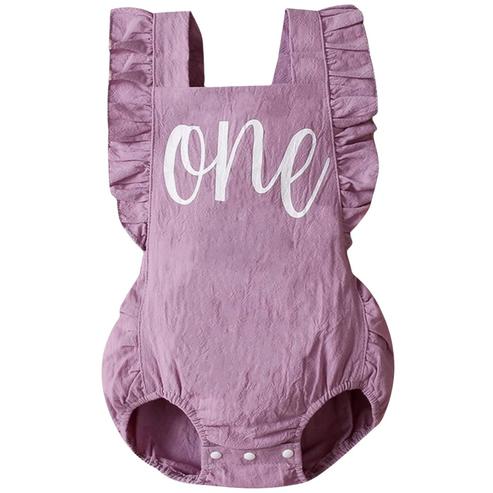 Girls' Mauve 'One' Ruffle Shoulder One-Piece